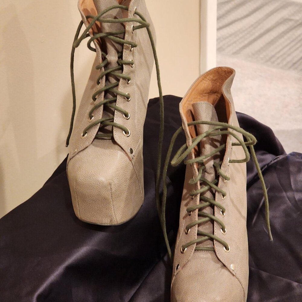 Excellent US8.5Jeffrey Campbell Platform LaceUp Boot LITA Greenish Khaki - Picture 1 of 13